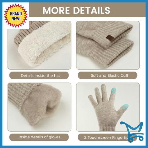 Fleece-Lined Winter Beanie Scarf Gloves Set Touch Screen - Picture 5 of 8